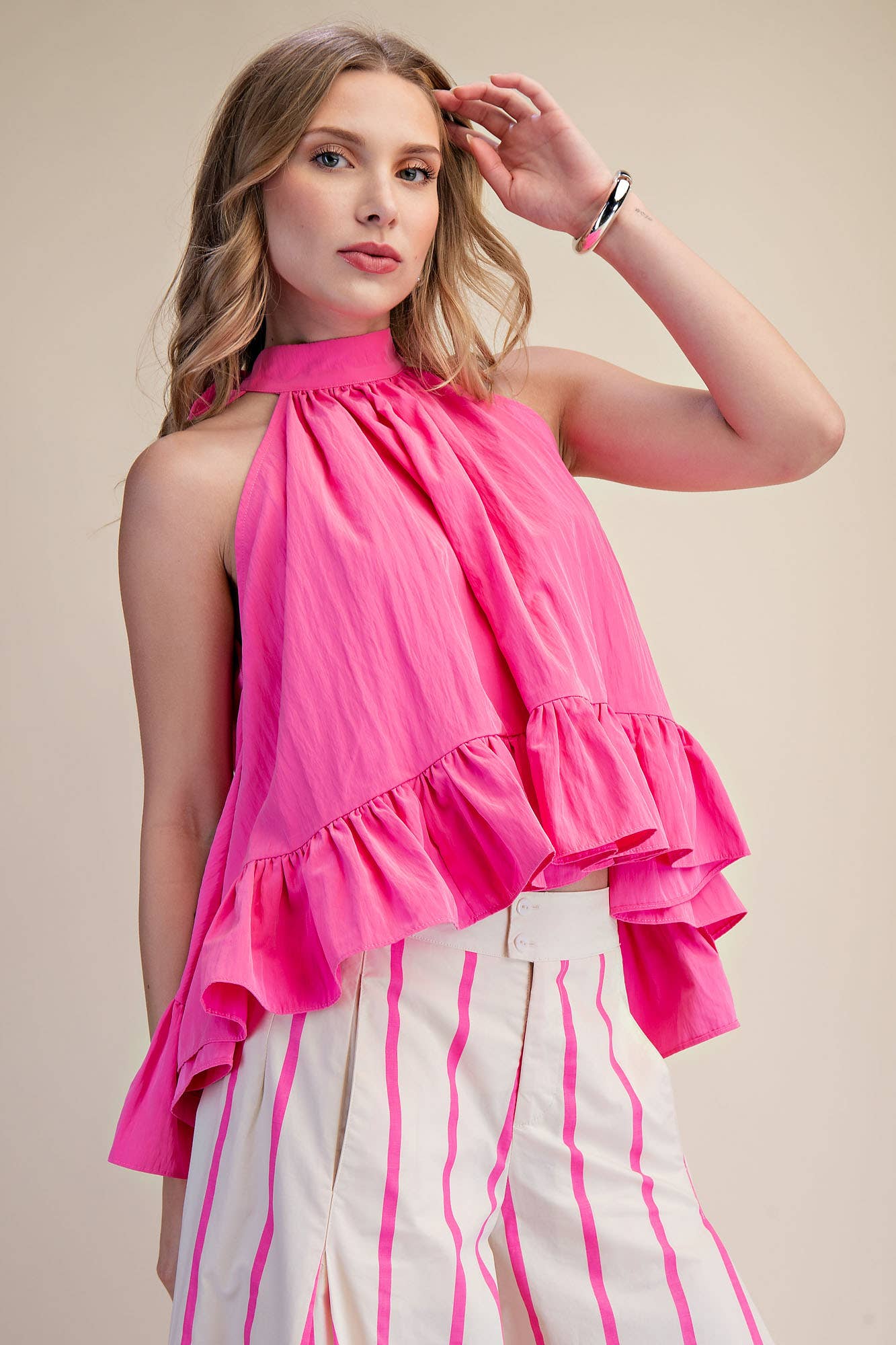Halter Neck Sleeveless Back Neck Tie Ruffle Top