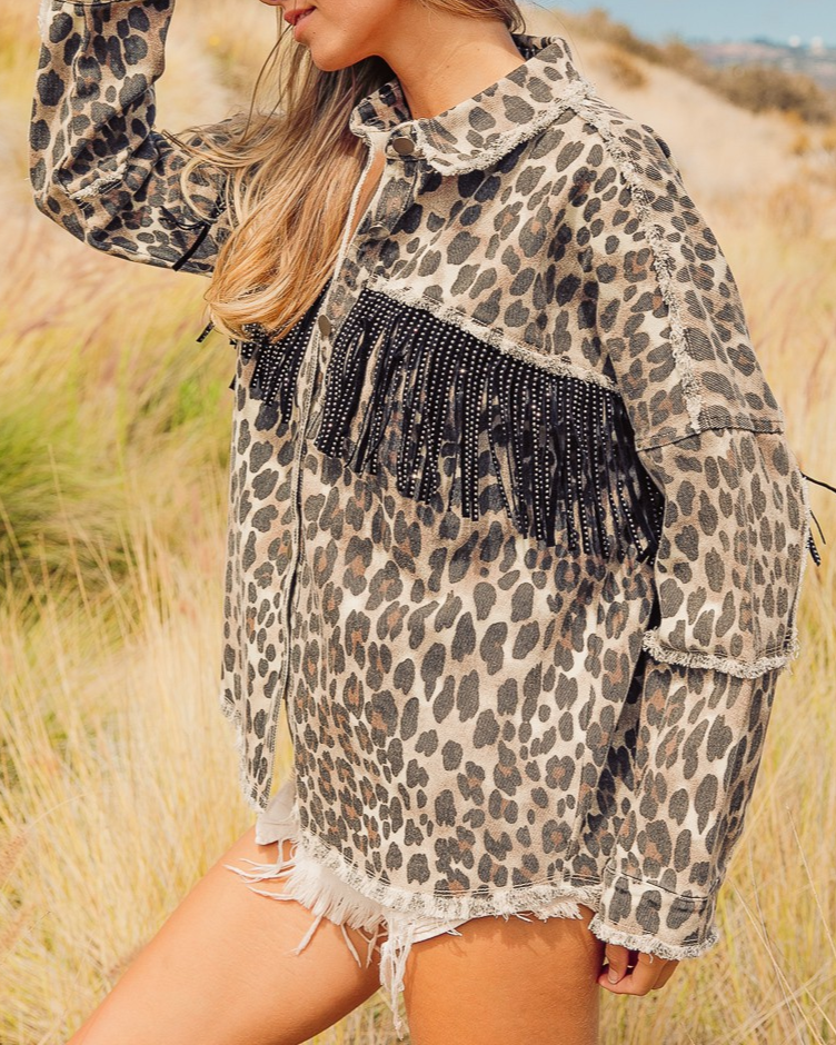 Leopard fringed washed oversized denim jacket