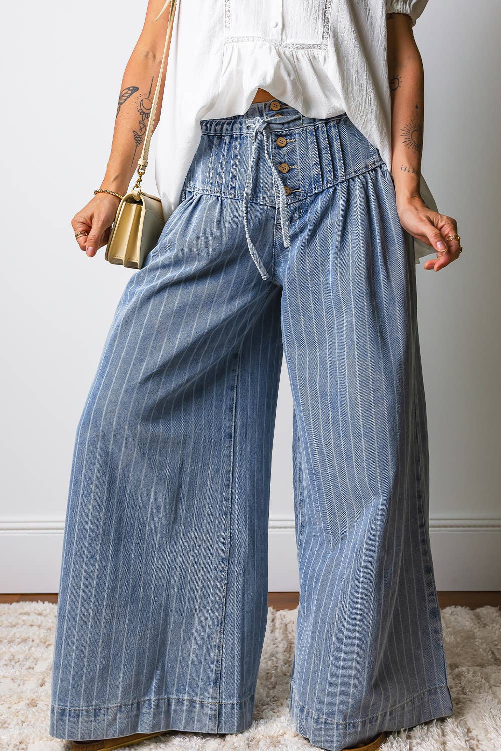 Button Pleated Drawstring Waist Casual Wide Leg Jeans