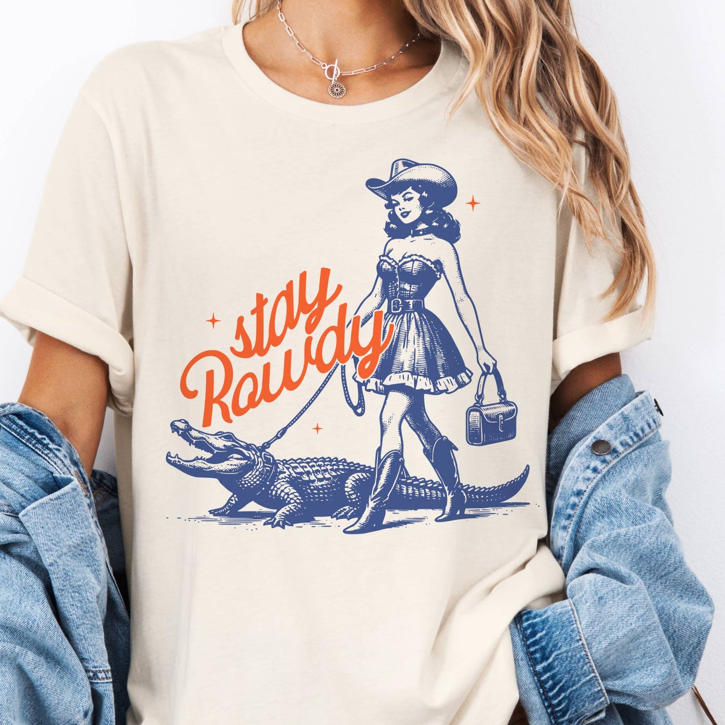 Western Stay Rowdy Retro Cowgirl Alligator  Graphic Tee