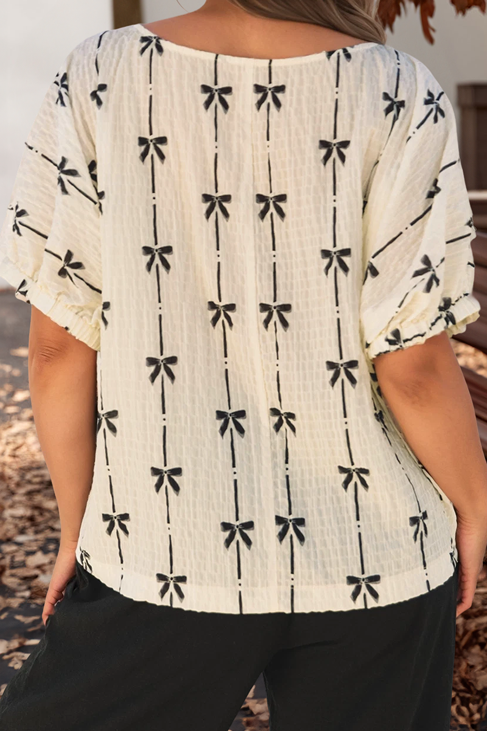 Bow Print Striped Round Neck Puff Short Sleeve Top (S-XL)