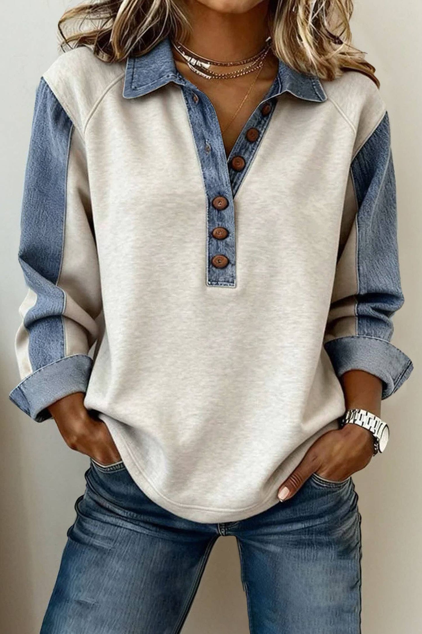Western Denim Patchwork Shirt Collar