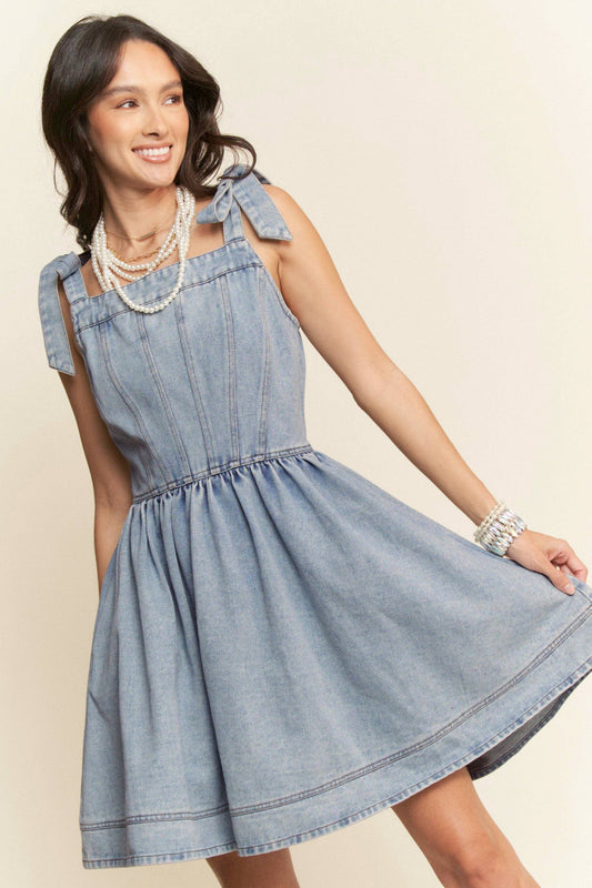STRAP SMOCKING ZIPPER WASHED OUT DENIM MINI DRESS