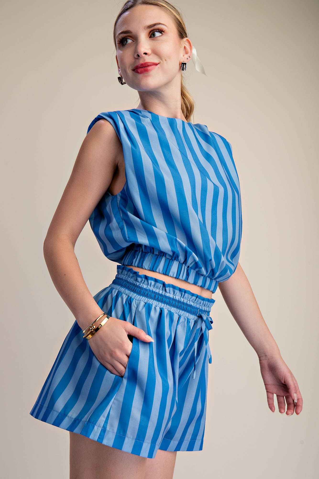 Stripe Top With Padded Shoulder and Elastic Waist