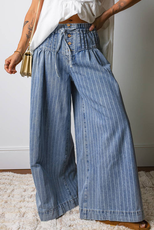 Button Pleated Drawstring Waist Casual Wide Leg Jeans