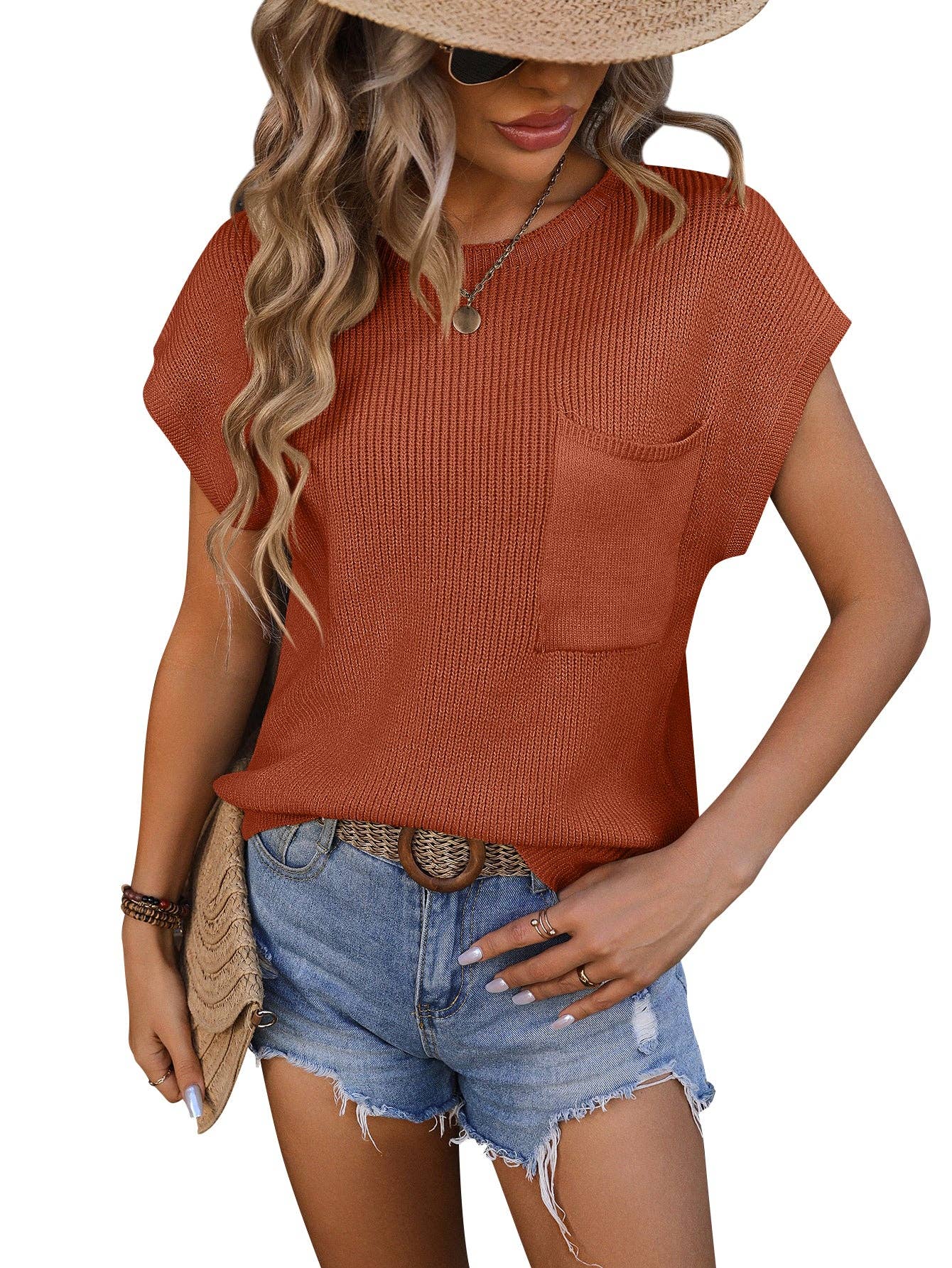 Pocket Trim Top Short-sleeved Sweater
