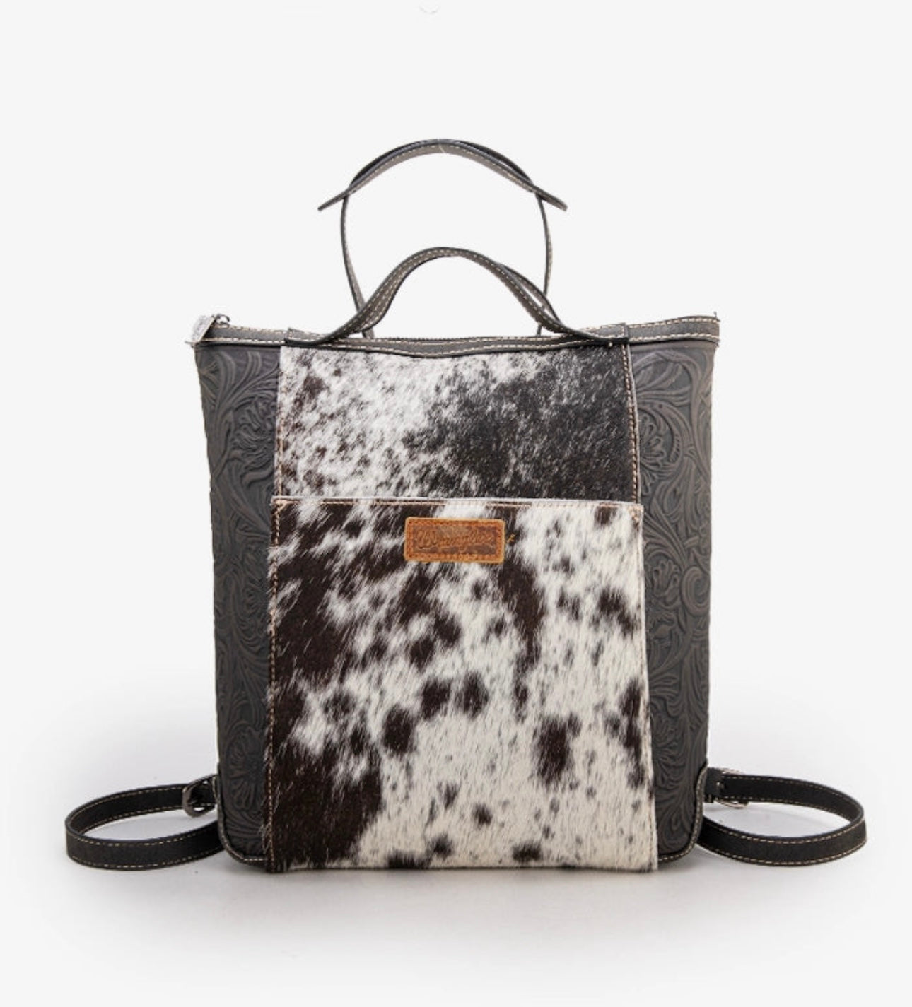 WRANGLER GENUINE HAIR-ON COWHIDE
CONVERTIBLE BACKPACK- BLACK HIDE/LEATHER