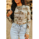 Beige Cowboy Horse Desert Printed Mesh Long Sleeve Top