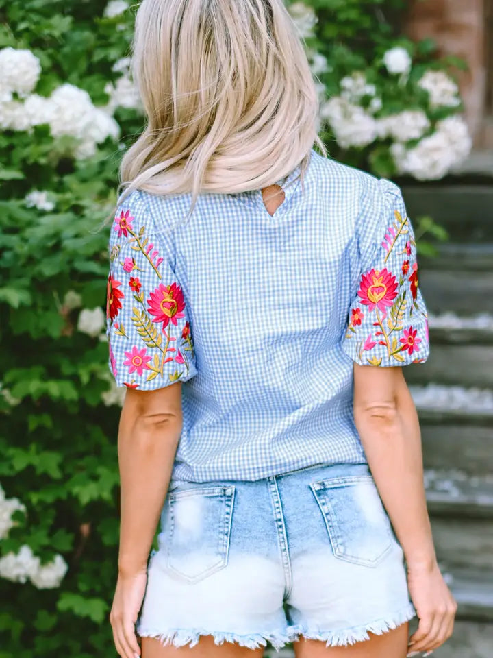 Gingham Floral Embroidered Puff Sleeve Blouse