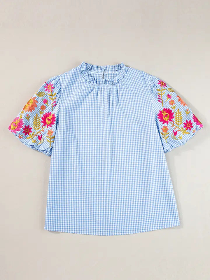 Gingham Floral Embroidered Puff Sleeve Blouse
