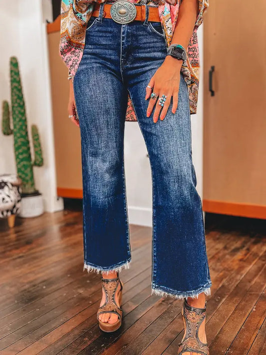 Mineral Wash Raw Hem High Waist Flared Jeans