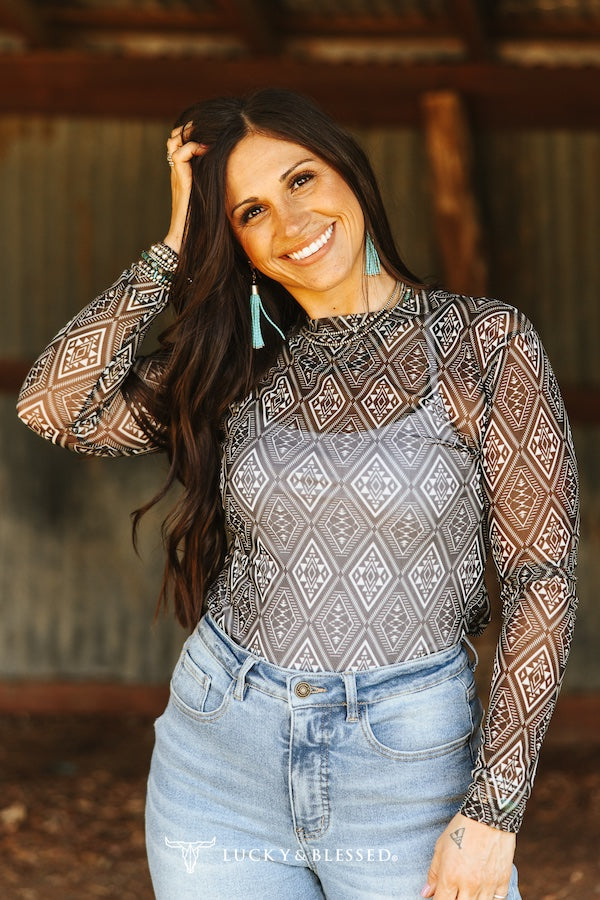 Black Ivory Aztec Printed Mesh Long Sleeve Top