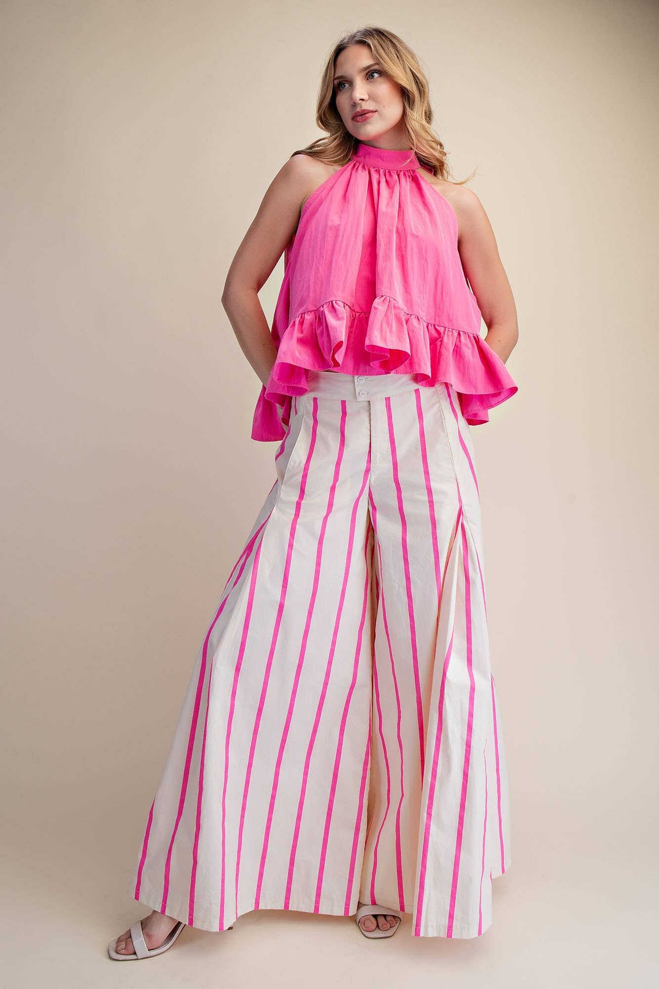 Halter Neck Sleeveless Back Neck Tie Ruffle Top