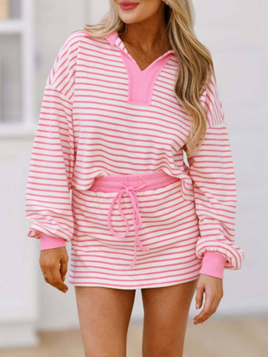 Long sleeve stripe sweatshirt & built in shorts skirt set