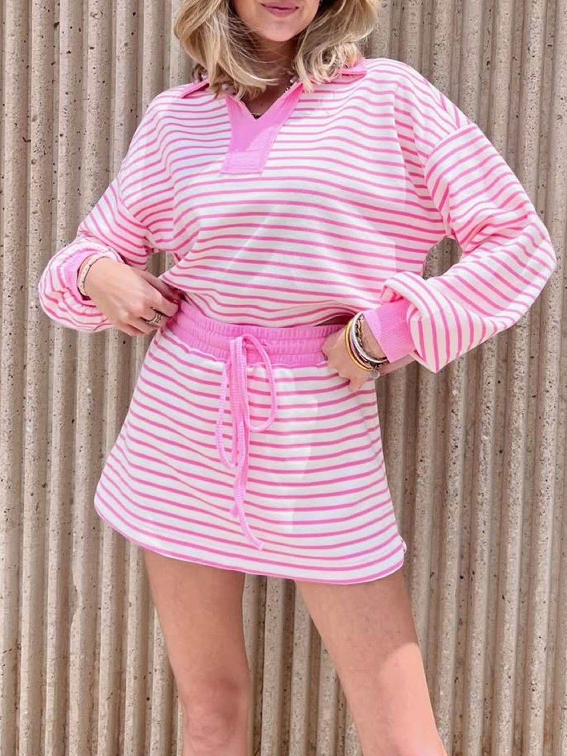 Long sleeve stripe sweatshirt & built in shorts skirt set