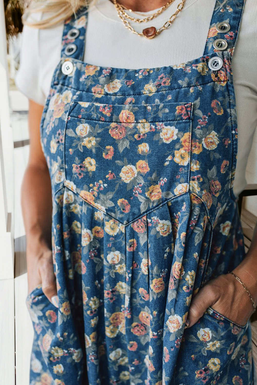 Vintage Floral Pleated Denim Overall