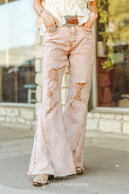 Camel Mineral Wash High Rise Distressed Flare Jeans
