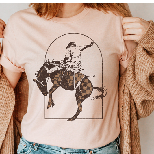 Western Bronco Checkered Horse Cowboy  Ranch Graphic Tee
