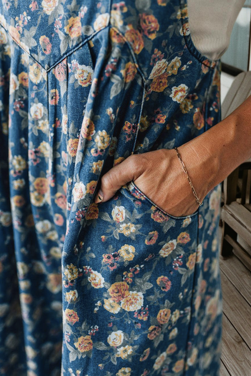 Vintage Floral Pleated Denim Overall