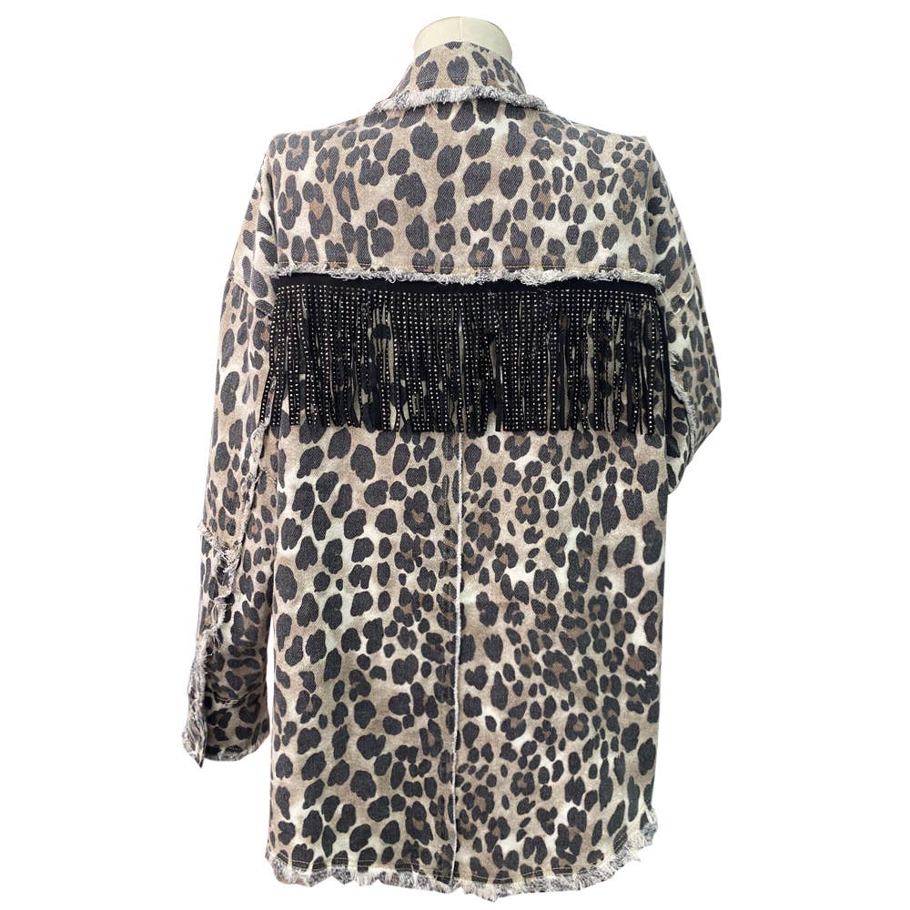 Leopard fringed washed oversized denim jacket