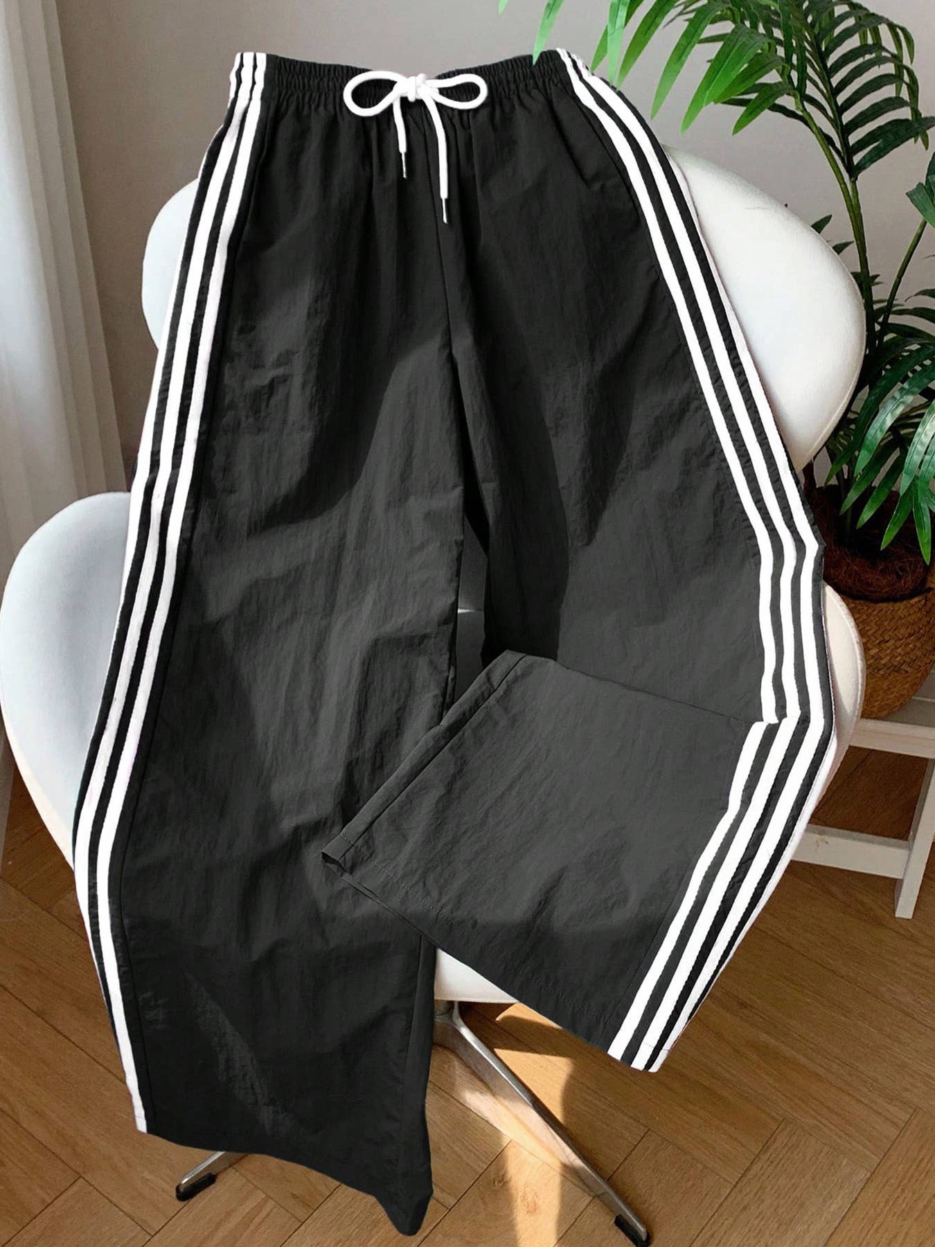 Laced Side Contrast Striped Wide Leg Track Pants