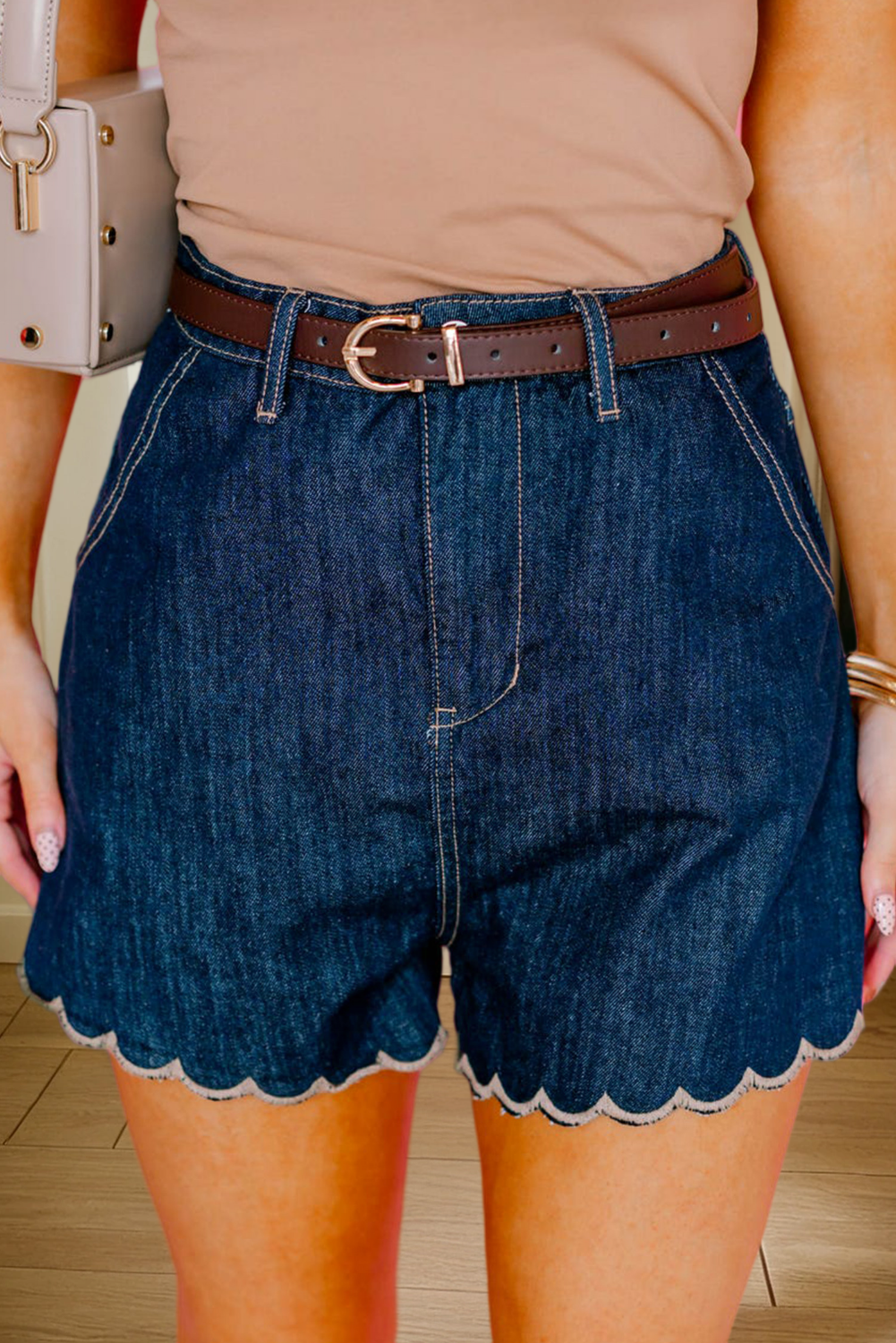 Embroidered Scalloped  Denim Shorts