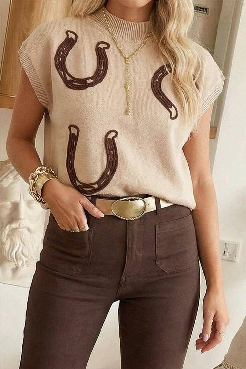 Cowgirl Horseshoe Mock Neck Knit Top