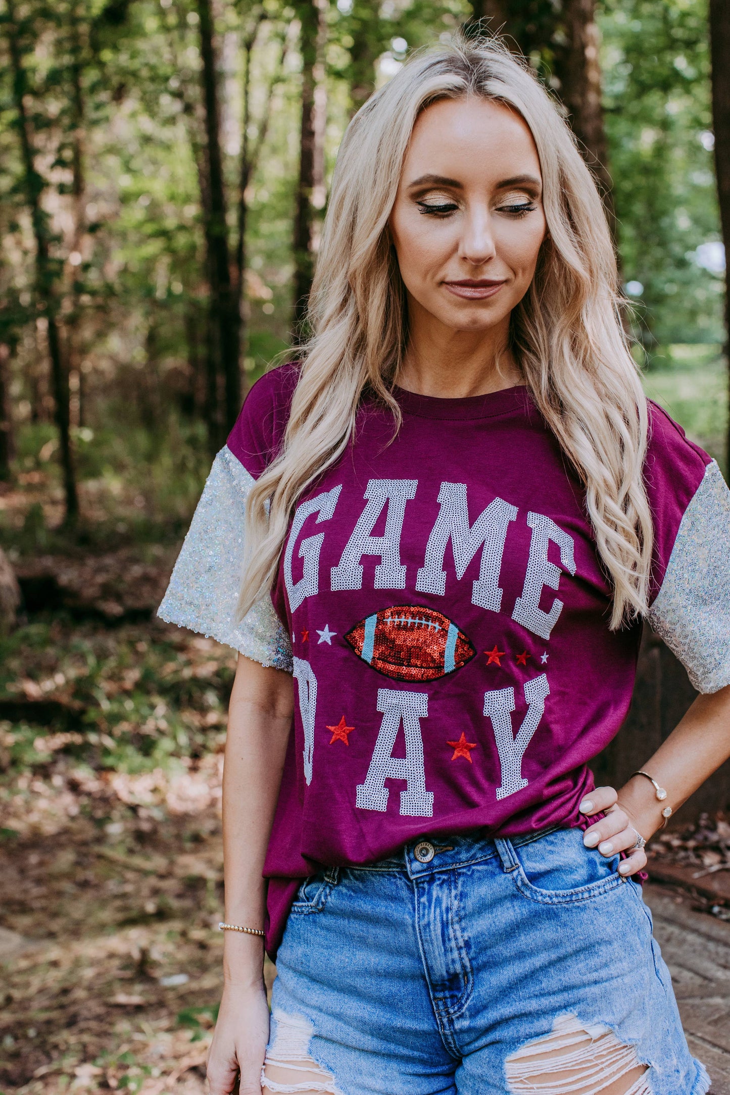 Sequins Embroidery Game Day Tee (Burgundy)