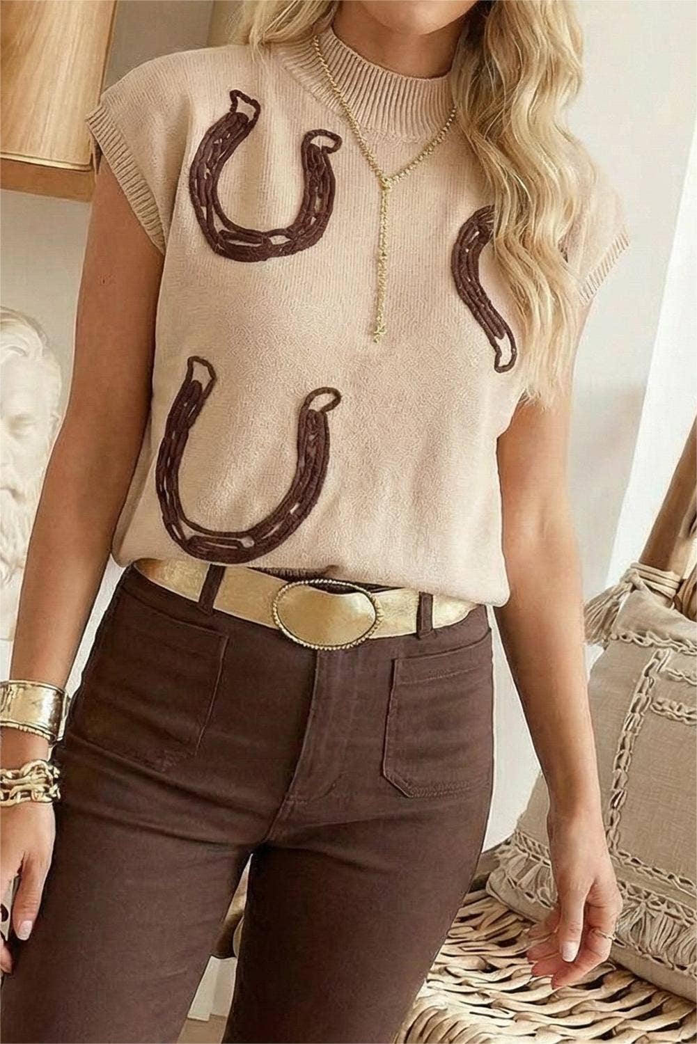 Cowgirl Horseshoe Mock Neck Knit Top