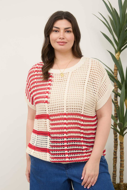 PLUS MULTI STRIPE SHORT SLEEVE SHEER CROCHET KNIT TOP