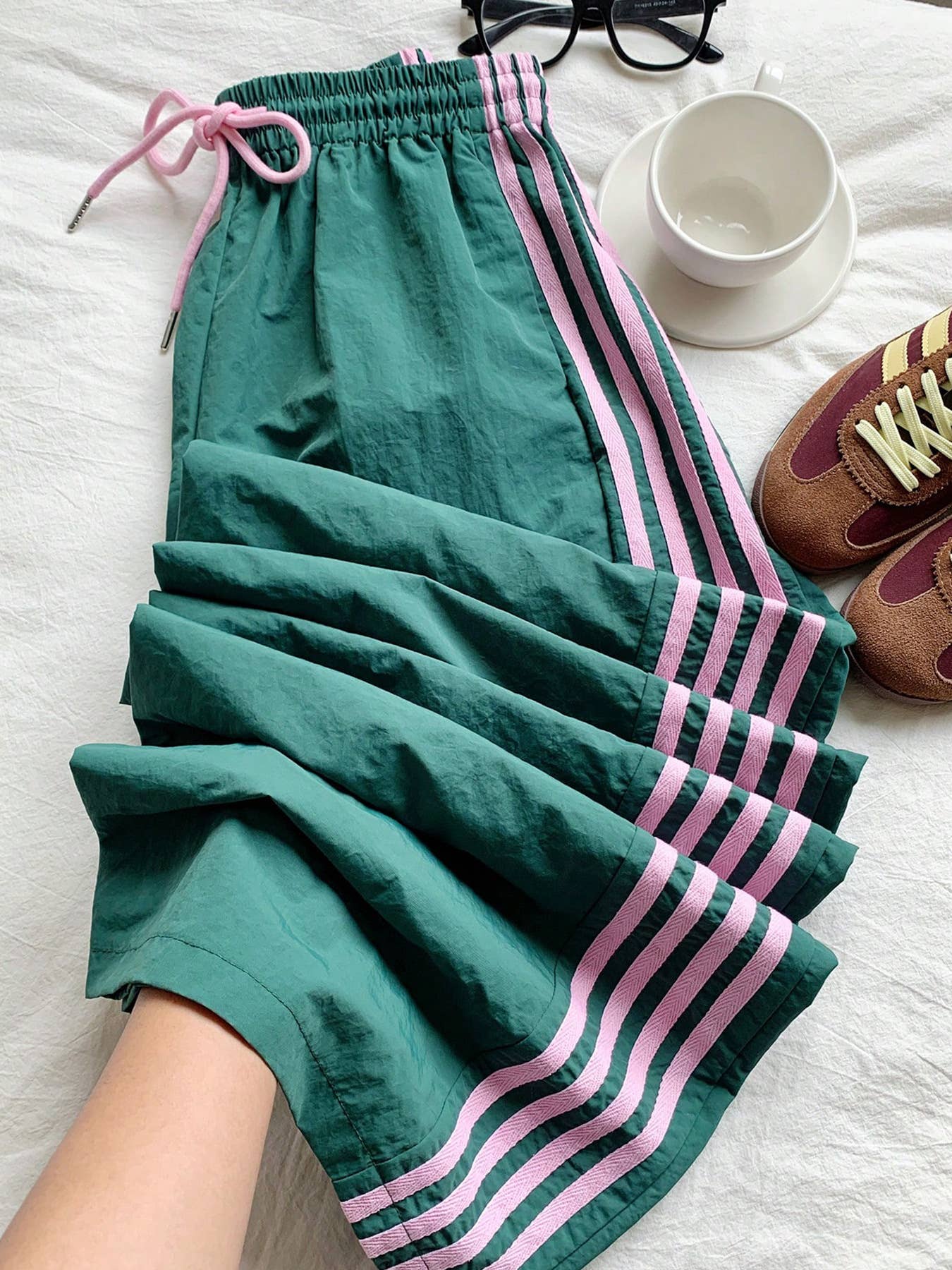 Laced Side Contrast Striped Wide Leg Track Pants