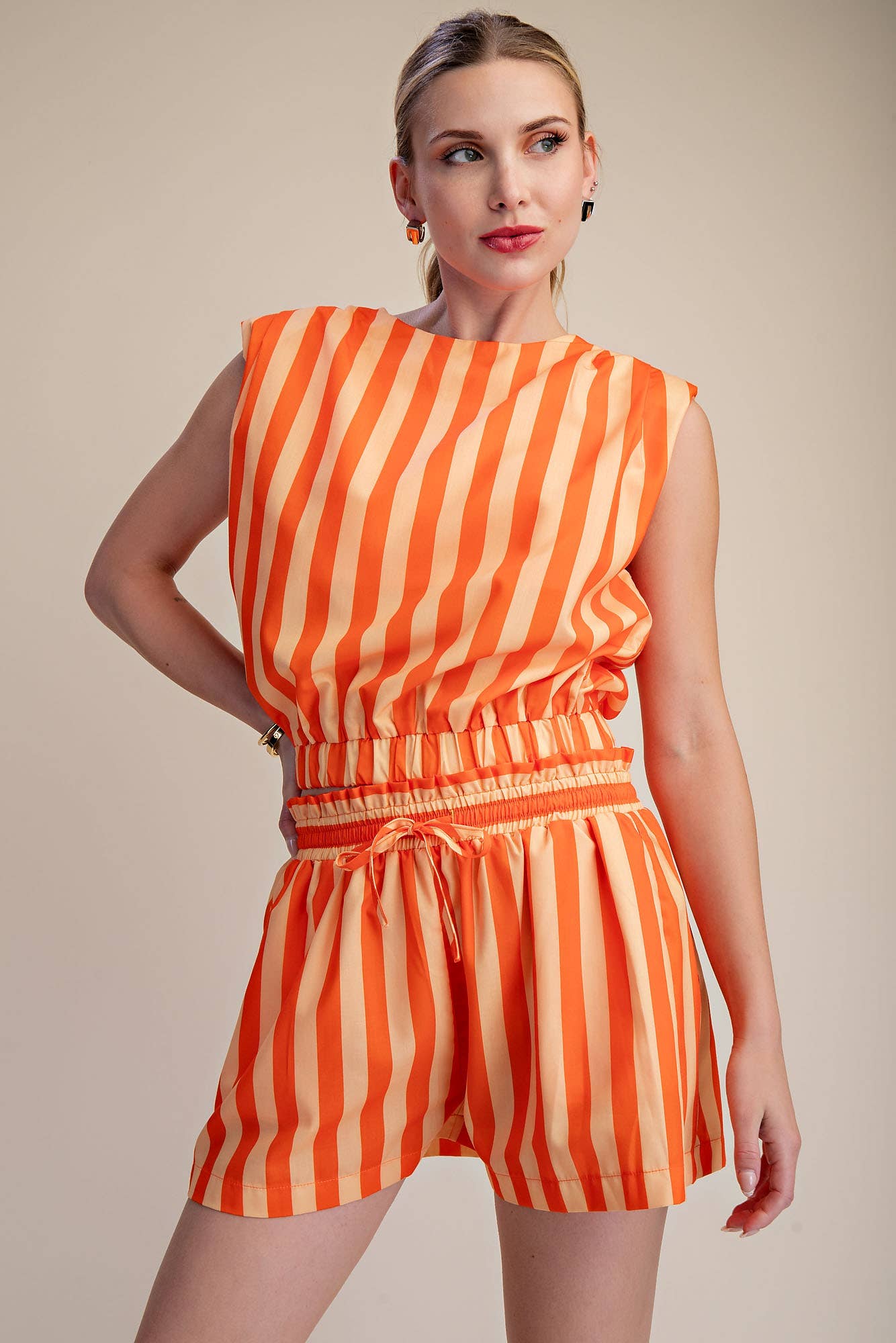 Stripe Top With Padded Shoulder and Elastic Waist