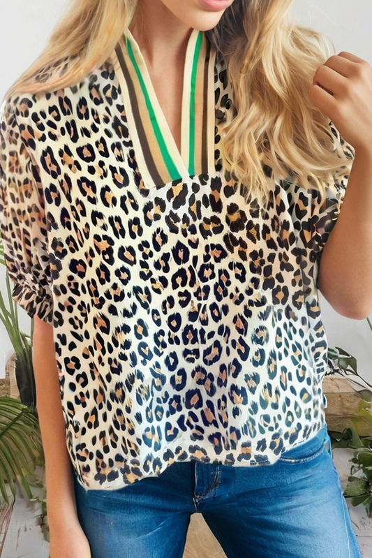 Leopard Colorblock V Neck Half Sleeve Loose Fit Top (S-XL)