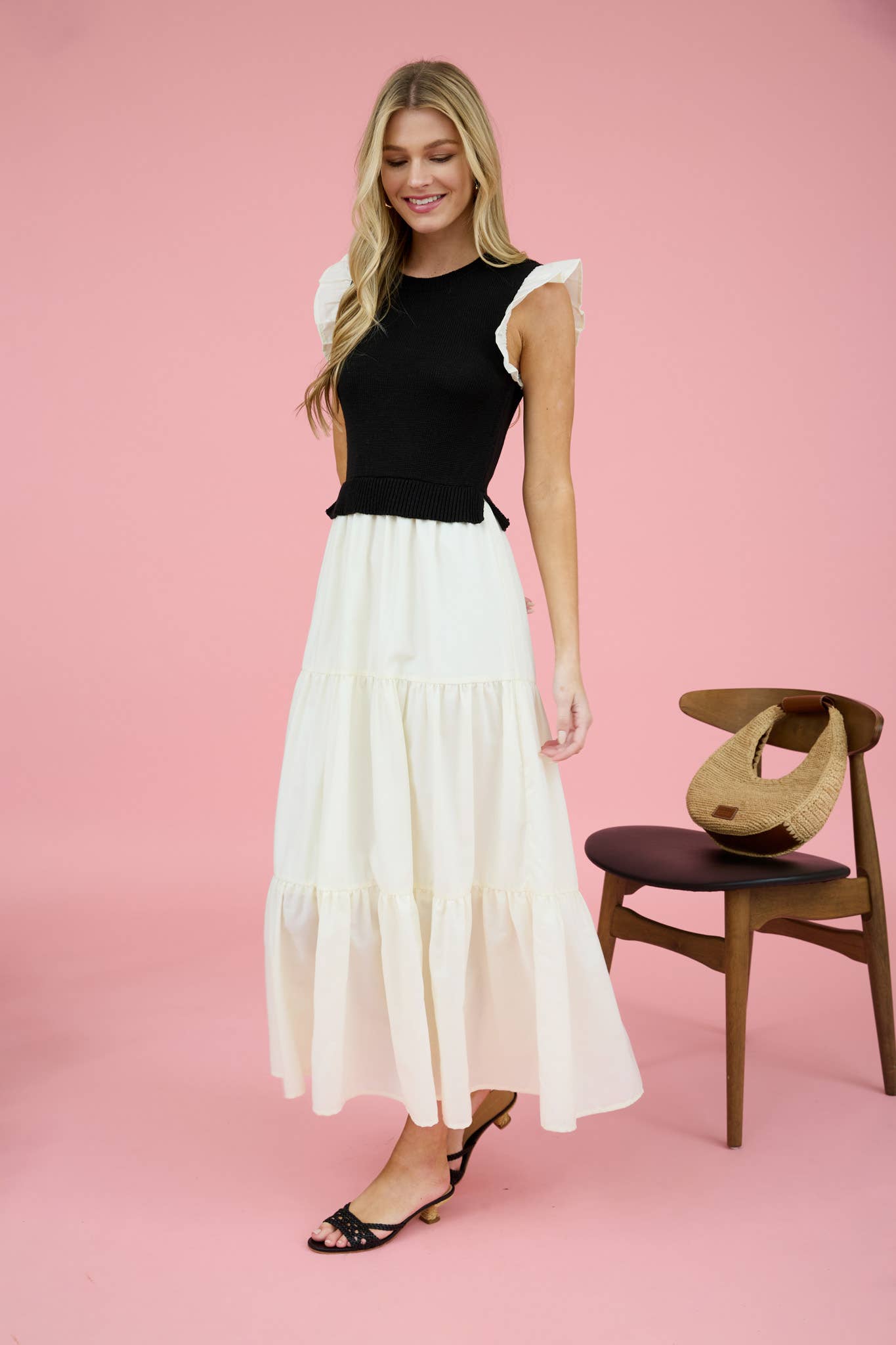 MIXED MEDIA SWEATER VEST MIDI DRESS