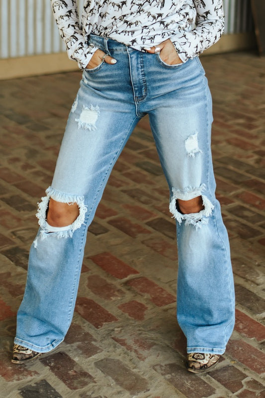 Light Wash High Rise Distressed Bootcut Jeans